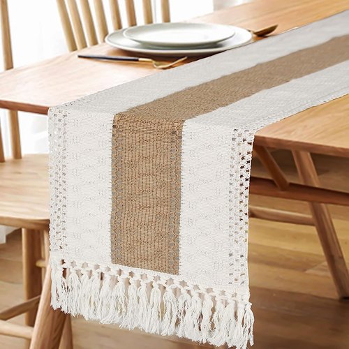 FEXIA Boho Table Runner 48 Inches Long with Tassels Christmas Thanksgiving Farmhouse Home Decor Rustic Cream & Brown Macrame Table Runner for Dining Bedroom Baby Bridal Shower Decor(12x48 Inches)