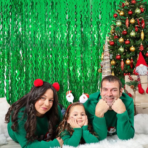 Green Tinsel Foil Fringe Curtains Wavy Backdrop for Party Sparkle Metallic Wavy Streamers Photo Booth Props for Birthday Dinosaur Animal St Patrick's Day Football Christmas Party Decorations