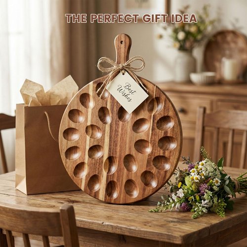HANSGO Deviled Egg Platter, Wooden Round Deviled Egg Charcuterie Board Tray Holder Carrier with 24 Holes for Kitchen Countertops