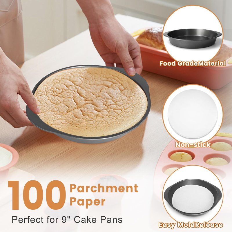 BEWOS 9 Inch Cake Pan Set - 100 Pcs Parchment Paper With 3 Pcs Carbon Steel Round Cake Pans, Nonstick Baking Pans Set With Handle, Dishwasher Safe