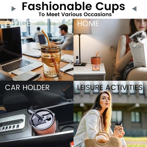 Colnic Iced Coffee Cup, 15 oz Glass Cups With Lids And Straws, Iced Coffee Glasses Tumbler, Thick Wall Mug For Tea Water With 2 Straw And Leather Sleeve, Glass Tumbler Gifts