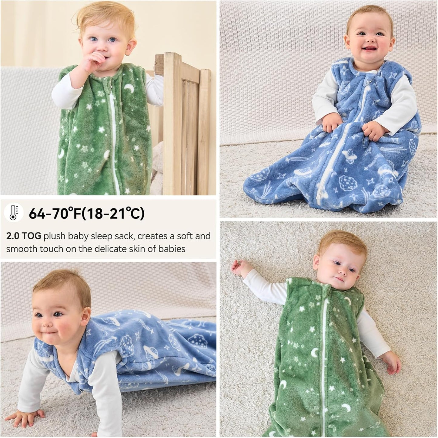 Unnivoll Baby Sleep Sack | Fleece Wearable Blanket 2.0 Tog for Infants 6-12 Months - Medium Blue Green Planet