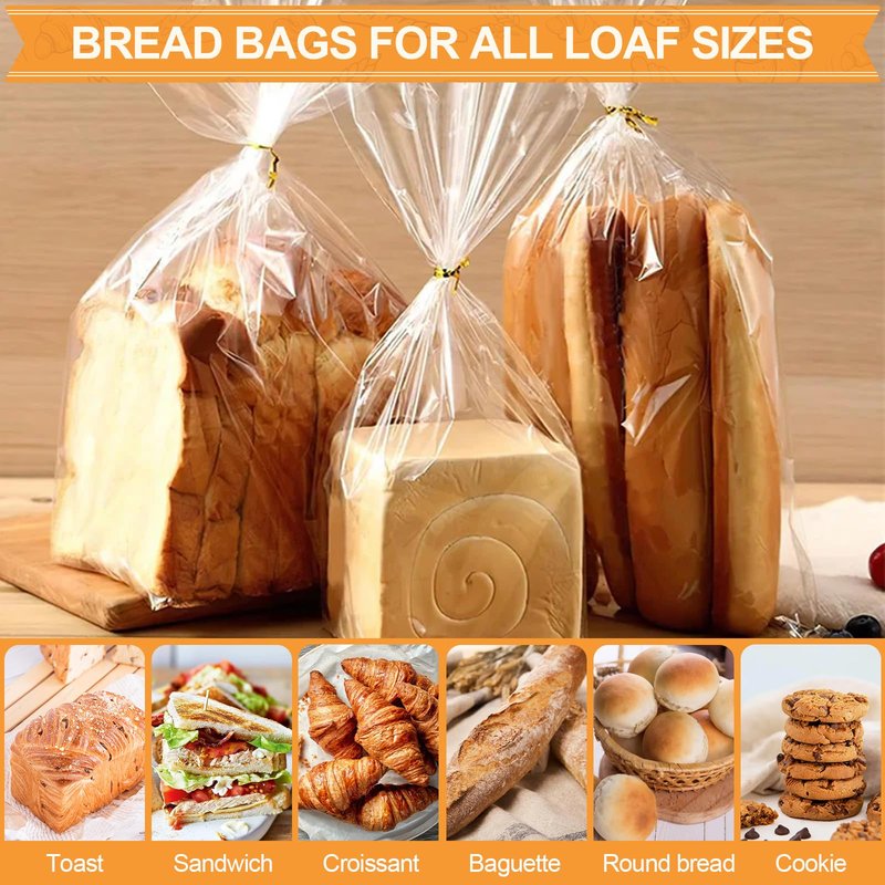 vivinin 70 Pack Bread Bags & 100 Pack Ties, 8" x 4" x 18" Clear Bread Bags for Homemade Bread, Reusable Plastic Bread Storage Bags for Bakers, Bakery Owners
