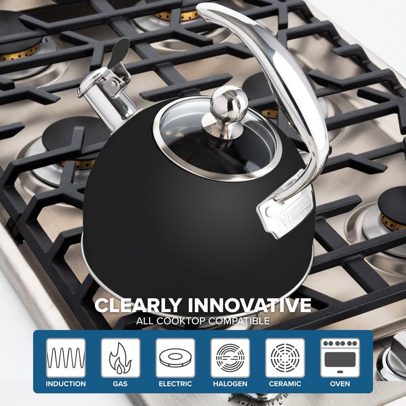 Viking 3-Ply Stainless Steel Tea Kettle, 2.6 Quart Stovetop Hot Water Pot with Tempered Glass Lid, Ergonomic Handle, Induction Ready, Matte Black