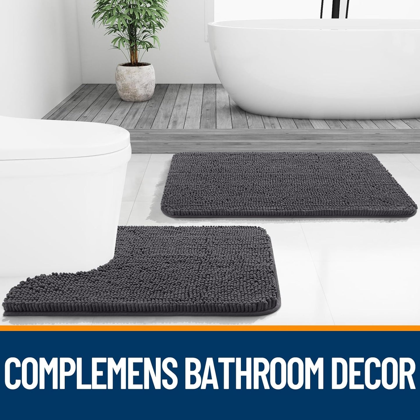 OLANLY Bathroom Rugs - Extra Soft Chenille Bath Mats with Rubber Backing | Quick Dry, Machine Washable, Dark Grey 35x24