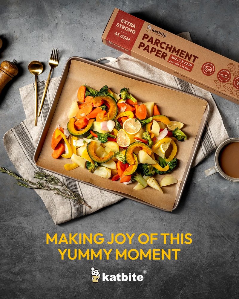 Unbleached Parchment Paper Roll for Baking 12in x 262ft, 260 Sq.Ft, Heavy Duty & Non-stick Baking Paper with Slide Cutter, Brown Parchment Paper for Cooking, Air Fryer, Steaming, Bread