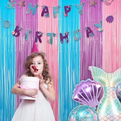 Blue Purple Pink Tinsel Backdrop - GREATRIL Pastel Foil Fringe Curtain Streamers for Pony Theme Birthday Mermaid Shower Unicorn Girls Party Decorations 2 Packs