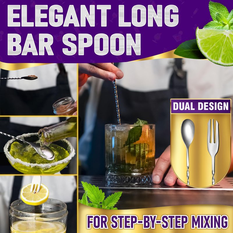 3 Pcs Muddler for Cocktails Set - Bar Muddler Tool with Sturdy Head, Versatile Cocktail Spoon & Jigger, Easy to Use & Clean, Stylish Rust-Resistant Stirring Tool - Bar Tools for Drinks Mixing