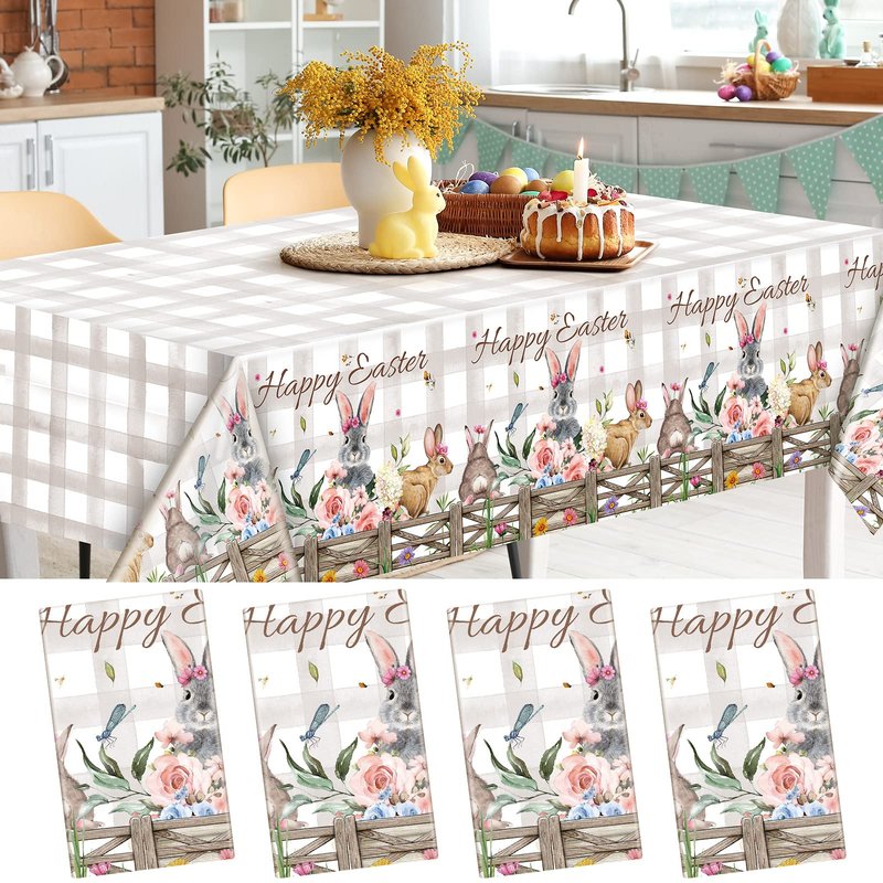 Patelai 4 Pcs 54 x 108 Inch Happy Easter Bunny Table Cloth Rectangle Plastic Easter Flowers Table Cover Spring Tablecloth Party Decorations for Home Picnic Dinner