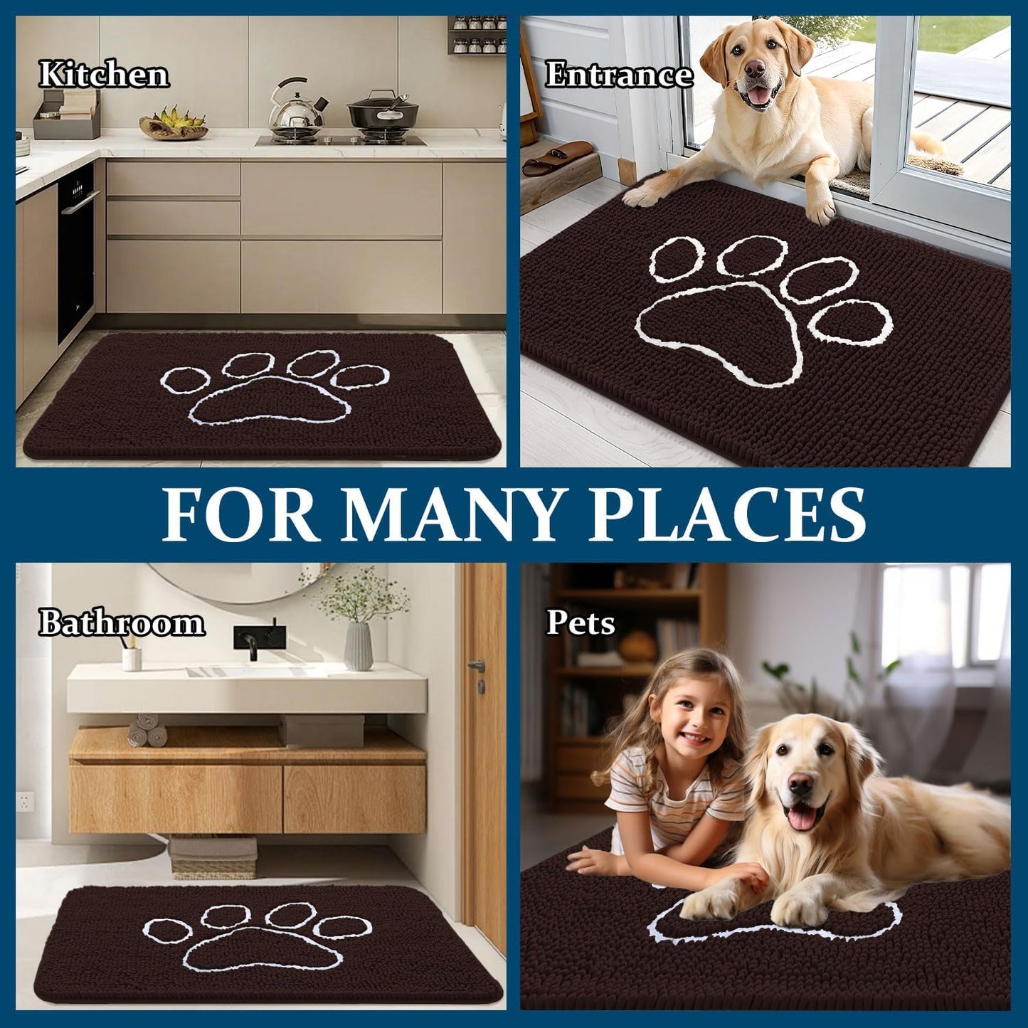 OLANLY Dog Door Mat - Absorbent Non-Slip Mud Mat for Paws | 59x32 Paw Print Design in Brown
