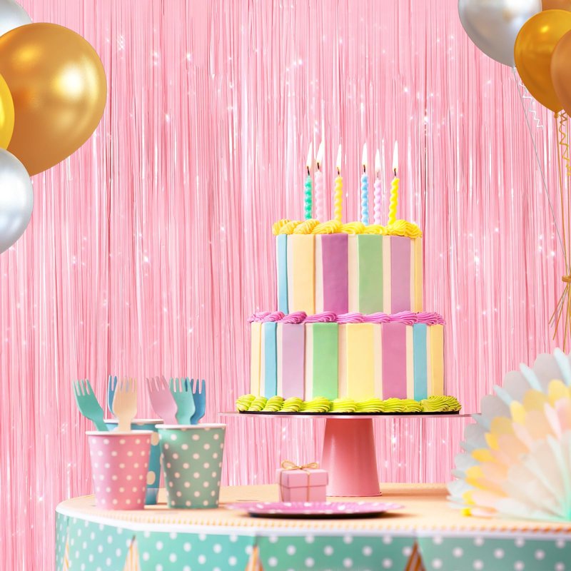 2 Pack Pastel Pink Metallic Tinsel Foil Fringe Curtains, Door Streamers Photo Booth Backdrop for Birthday Party, Tinsel Curtain Backdrop for Baby Shower Bachelorette Christmas Party Decorations