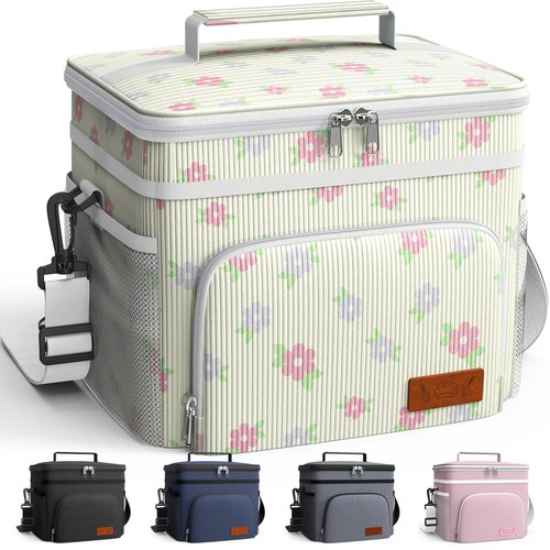 HOTOR Insulated Lunch Box for Men & Women - Leak-Proof Cooler Lunch Bag with 4 Pockets, Adjustable Strap, Ideal for Work, Picnic, Travel - Medium, Beige Flower, 10.2"×6.9"×8.5"