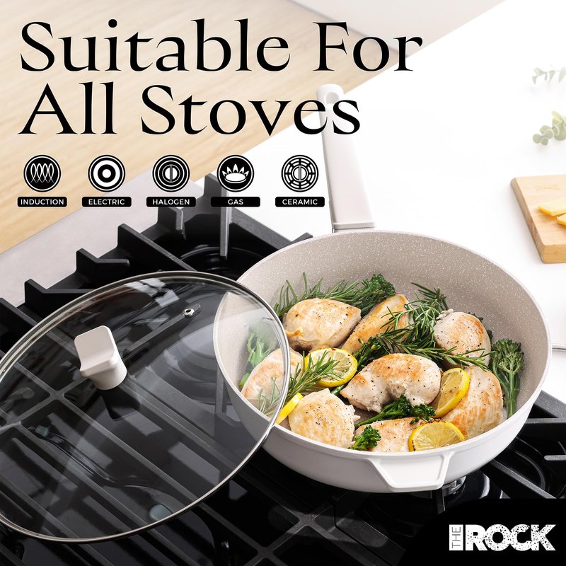 THE ROCK SOHO 4 Qt Nonstick Deep Frying Pan Skillet with Glass Lid, 11 Inch Large Deep Frying Pan, Ceramic Non Toxic Skillet with Heat-Resistant Handle, PFOA & PFAS Free, Oven & Dishwasher Safe, Cream