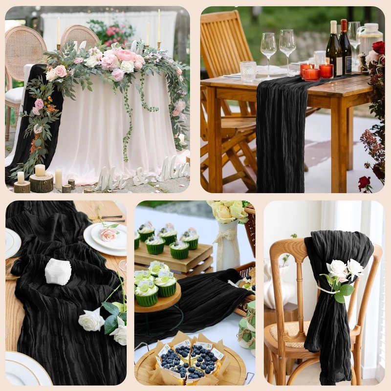 Xiomot Table Runner Cheesecloth 10FT Black Boho Gauze Cheese Cloth Rustic Sheer Table Runners for Wedding Birthday Bridal Baby Shower Party Decoration