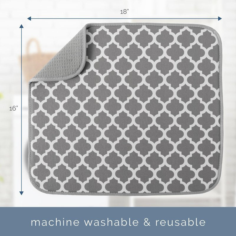 S&T INC. Dish Drying Mat, 16” x 18”, Absorbent Microfiber Kitchen Counter Mat, Dish Drying Pad for Dishes, Utensils, Pots and Pans, Large, White Trellis
