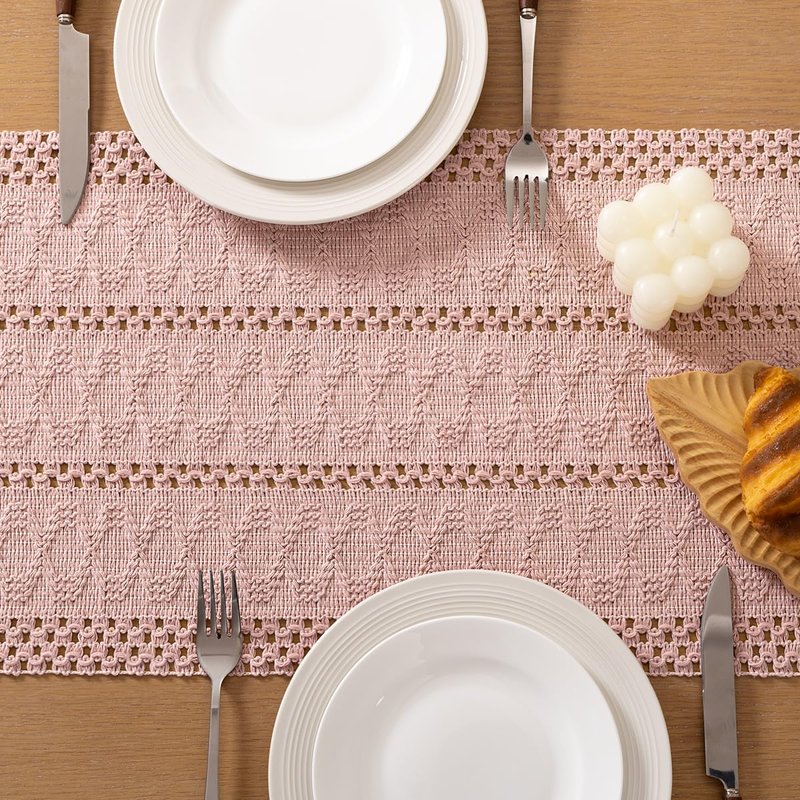 Socomi Boho Table Runner Summer Farmhouse Rustic Dining Kitchen Centerpiece Decor Small Macrame Woven Cotton Linen Coffee Table Runner for Dresser Scarf Home Decor 12x60 in Pink