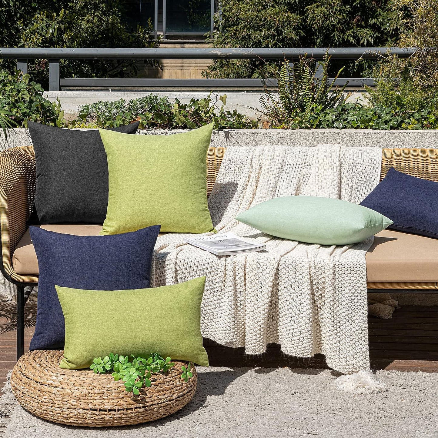 MIULEE Decorative Outdoor Throw Pillow Covers - Waterproof Faux Linen Cushion Cases | 26x26 Inch Black, Set of 2
