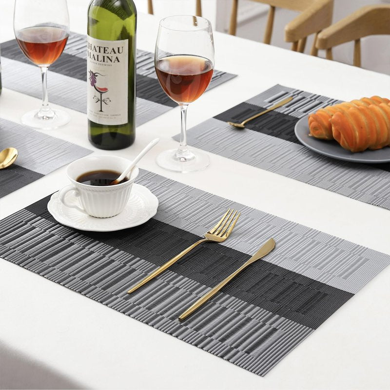 Leetaltree Grey with White Striped Placemats Set of 8 - Heat Resistant Non-Slip Place mats for Dining Table, Washable Durable PVC Vinyl Woven Table Mats(Grey Stripe, 8)