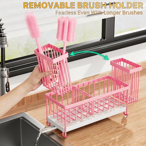 Cisily Sponge Holder for Kitchen Sink, Sink Caddy Organizer with High Brush Holder, Kitchen Countertop Organizers and Storage Essentials, Rustproof 304 Stainless Steel (Pink, 9.25″)