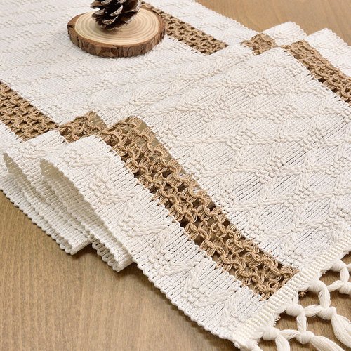 FEXIA Boho Table Runner for Hoilday Home Decor with Tassels 72 Inches Long Farmhouse Rustic Macrame Burlap Pottery barn Furniture Table Decoration for Living Room Kitchen (12x72 Inches)