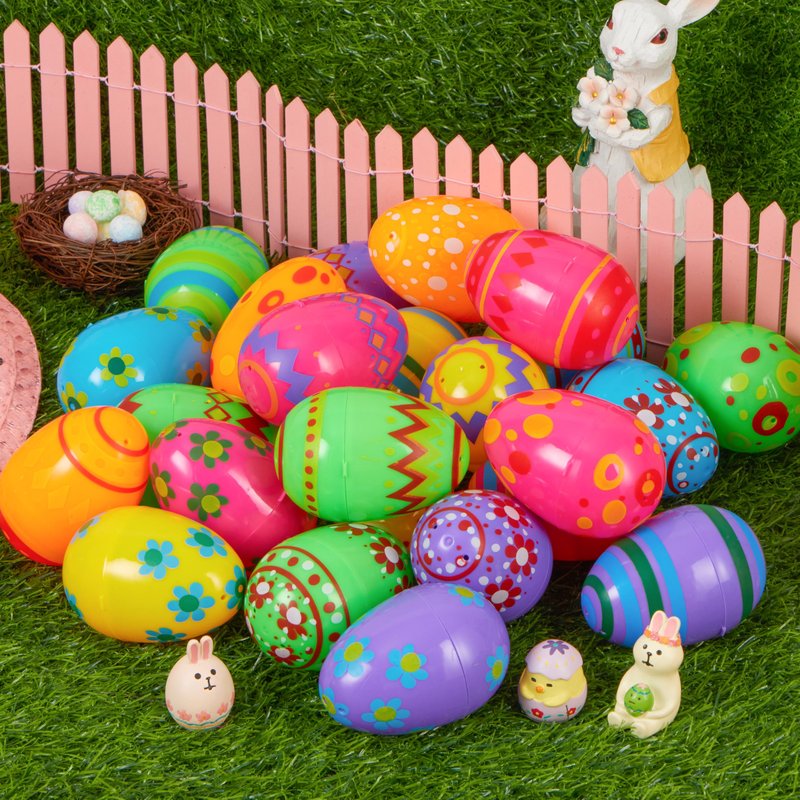 JOYIN 3.15Inch Printed Plastic Eggs Colorful, Fillable Empty Eggs Bulks for Easter Hunt Event, Party Favor-18 pcs