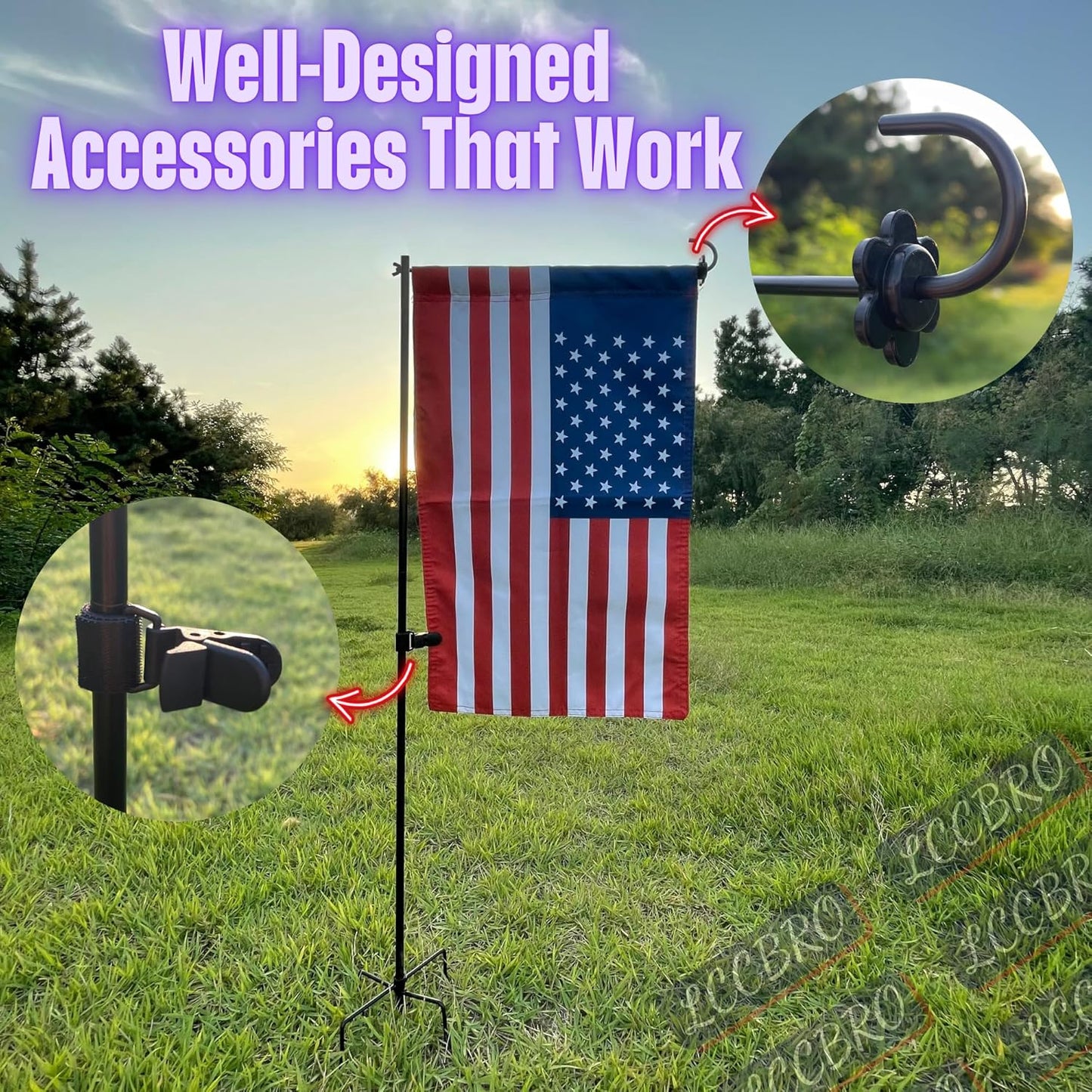 LCCBRO Garden Flag Stand - Heavy Duty No Spin Holder for 12 x 18 Flags | Sturdy 5 Prong Base