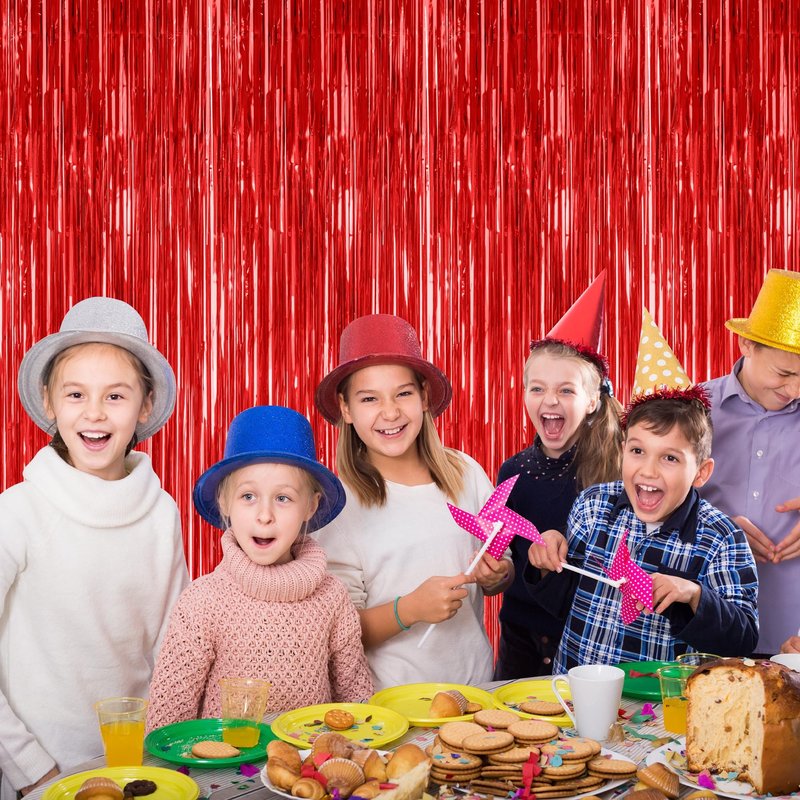 4 Pack Red Backdrop, 3.28 FT x 7.05 FT Party Streamer, Valentines Day Metallic Birthday Tinsel Backdrop Foil Fringe Curtains, Door Streamer for Red Party Decorations Casino Decor Photo Booth Props