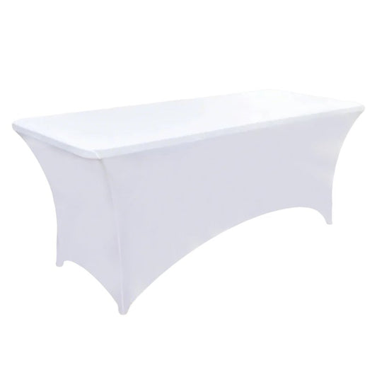 ZarzaaSik 2-Pack 6ft White Spandex Table Covers for Rectangle Standard Folding Tables - Wrinkle Resistant Stretch Tablecloths - Ultimate Fitted Table Protector for Parties, Trade Shows, Banquet