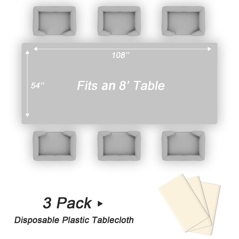 QIKSION Ivory Plastic Table Cloth Disposable 3 Pack, 54 x 108 Inch Beige Tablecloths for Party, Baby Shower, Harvest, Fall, Thanksgiving Decorations, Cream Rectangle Table Cover