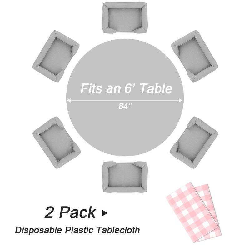 QIKSION Pink Gingham Round Tablecloth 2 Pack, 84 Inch Plastic Checkered Table Cover Disposable for Parties