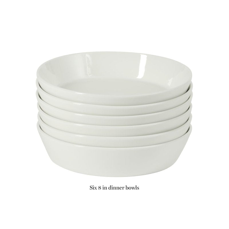 Martha Stewart Selma Pasta Bowls Set of 6, 43oz White Porcelain Soup Bowls & Salad Bowl, Wide and Shallow, Chip Resistant, Dishwasher & Microwave Safe
