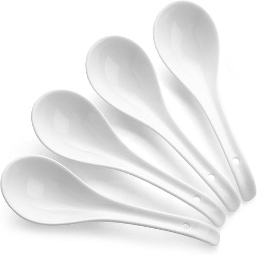 DOWAN Ceramic Soup Spoons - Large White Japanese Design for Ramen & Pho | Set of 4
