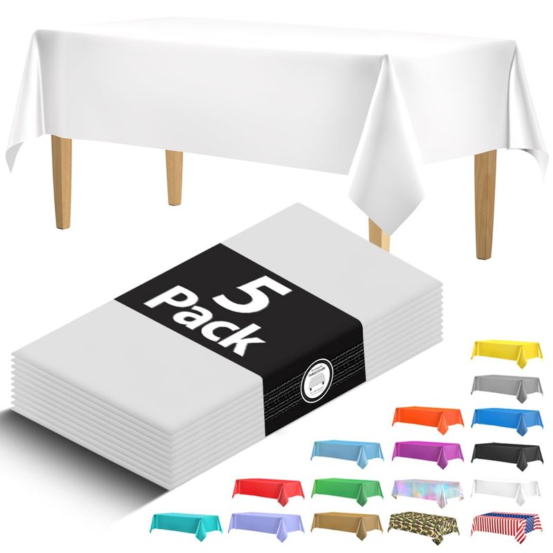 5 Pack Premium White Plastic Tablecloth - 108 x 54 in. Disposable Rectangle Plastic Table Cloth - Decorative Rectangle Table Cover Smooth Tablecloth - Disposable Table Cloths For Parties, Weddings.