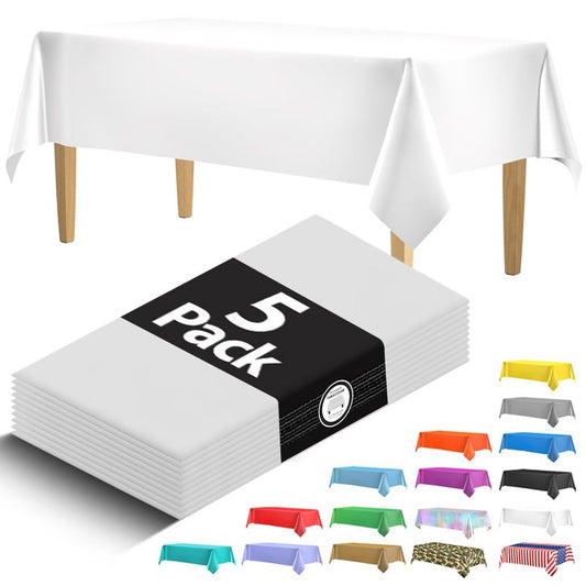 5 Pack Premium White Plastic Tablecloth - 108 x 54 in. Disposable Rectangle Plastic Table Cloth - Decorative Rectangle Table Cover Smooth Tablecloth - Disposable Table Cloths For Parties, Weddings.