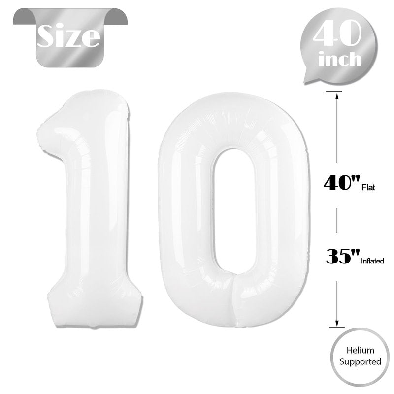 White Number 10 Balloon 40 inch, 10 Number Balloons, 10th White Birthday Decorations for Girls Boys, 10 Year Old Party Supplies