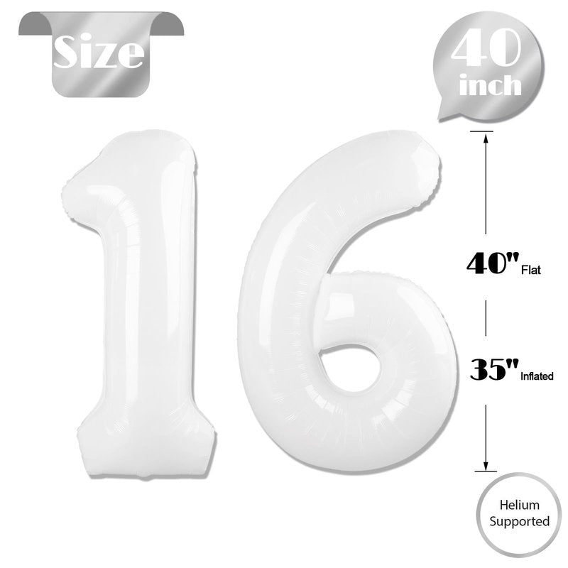 White Number 16 Balloon 40 inch, 16 Number Balloons, 16th White Birthday Decorations for Girls Boys 16 Year Old Party Supplies