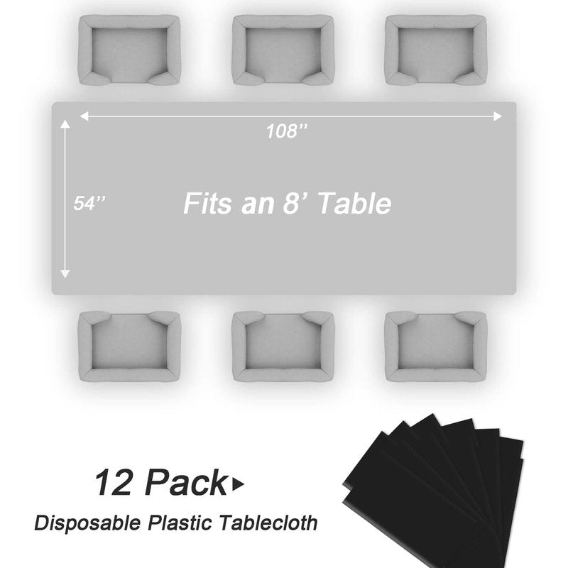 QIKSION Black Plastic Table Cloth Disposable 12 Pack, 54 x 108 Inch Tablecloths for Party, Graduation, Halloween Decorations, Rectangle Table Cover