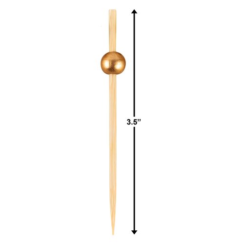 Eco-friendly Gold Wooden Ball Food Picks (Pack of 100) - Sustainable Skewers And Bamboo Picks for Charcuterie, Appetizers, & Cocktail Picks For Parties, Casual Dining & More, 3.5"