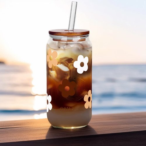 Glass Cups with Lids and Straws, Can Shaped Glass Cups, 20OZ Glass Cups, Drinking Glasses, Iced Coffee Glasses Cup, Smoothie Cups, Tumbler Glass, Reusable Iced Coffee Cup Drinking Glasses -Set of 2