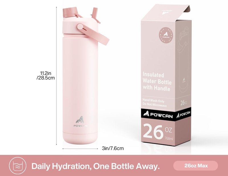 POWCAN 26 oz Insulated Water Bottle with 2-in-1 Straw and Spout Lid, Keep Cold 24H, Leak-Proof, Fits in Car Cup Holder, Stainless Steel Water Bottle for Sports, Travel, and School (Cotton Candy)