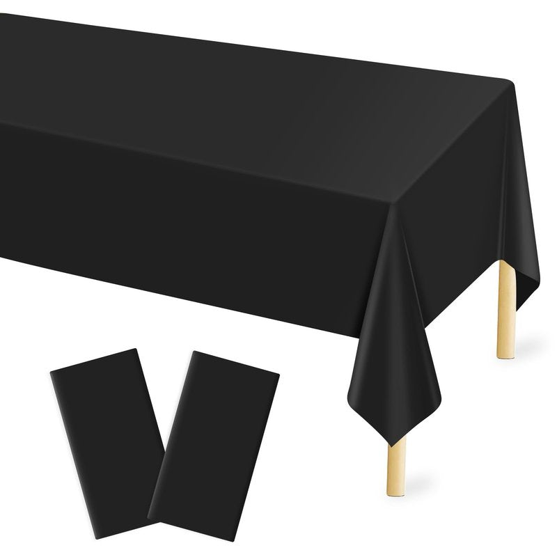 Mulbozy 2 Pcs Black Plastic Tablecloth for Rectangle Table, 54 × 108 inches Disposable Black Party Table Covers for Birthday, Wedding, Baby Shower, Holdiay Party Decoration