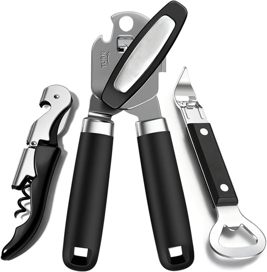 Skiennix Manual Can Opener Set - Heavy Duty Stainless Steel with Smooth Edge & Strong Magnet | 3-Piece Black