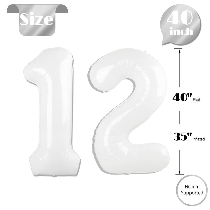 White Number 12 Balloon 40 inch, 12 Number Balloons, 12th White Birthday Decorations for Girls Boys 12 Year Old Party Supplies