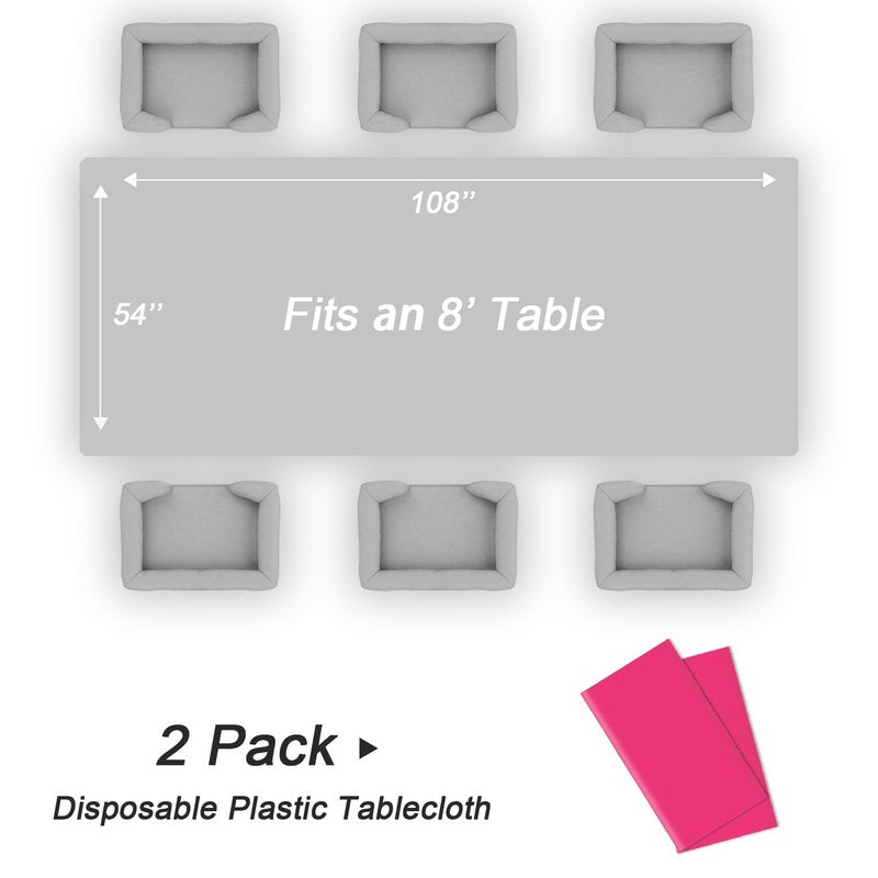 QIKSION Hot Pink Plastic Table Cloth Disposable 2 Pack, 54 x 108 Inch Tablecloths for Birthday Party, Valentines, Mothers Day Decorations, Rectangle Table Cover