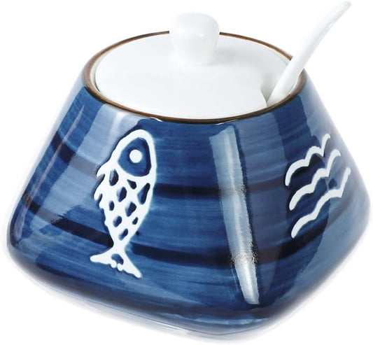 Skiennix Hand-Painted Ceramic Spice Jar - Stylish Seasoning Box with Lid & Spoon | Perfect Kitchen Gift
