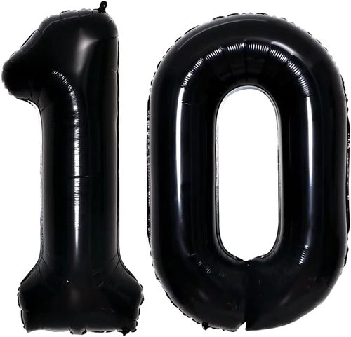 GOER Jumbo Number 10 Balloons - 42 Inch Black Foil Helium Balloons for 10th Birthday & Anniversary Decorations
