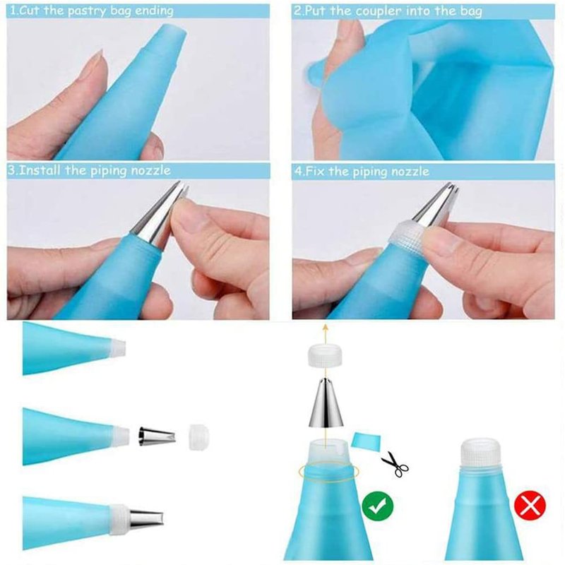 27-Piece Cake Decorating Kit with 24 Stainless Steel Nozzles, Reusable Silicone Bag, Coupler & Tie - Icing Bags and Tips Set for Cupcakes, Cookies & Baking