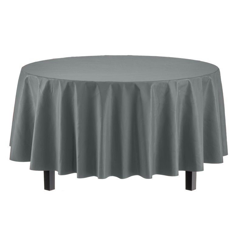 Party Solids Pack Of 6 Premium Plastic Tablecloth 84 Inch Round Plastic Table Cover - Silver