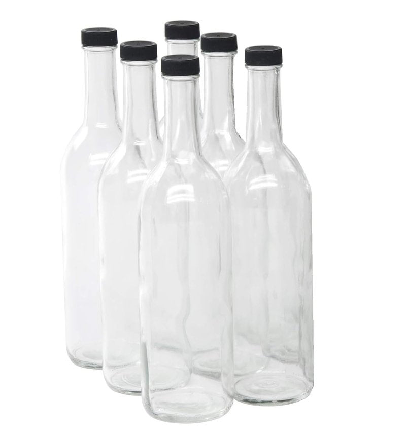 North Mountain Supply 750ml Clear Glass Bordeaux Wine Bottle Flat-Bottomed Screw-Top Finish - with 28mm Black Plastic Lids - Case of 6