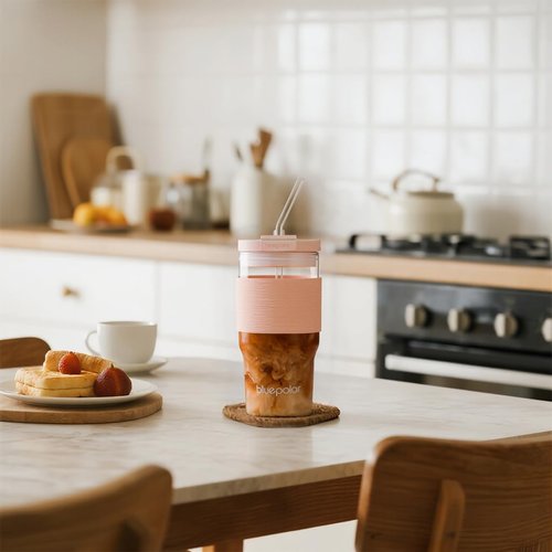 BLUEPOLAR 23oz Glass Tumbler with Lid & Straw - Large Iced Coffee Cup, Leakproof & Portable for Office, Gym, Travel for Smoothies, Matcha (Pink with Sleeve)